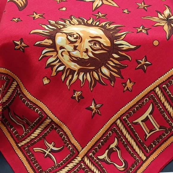 Gianni Versace Red Zodiac 100% Silk Scarf Not Signed (Design By Brand) Appr. 34" - Picture 4 of 7
